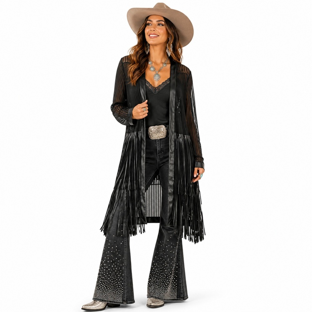 Sterling & Stitch Fringe Kimono Womens XL Black Mesh Western Glam Duster Jacket
